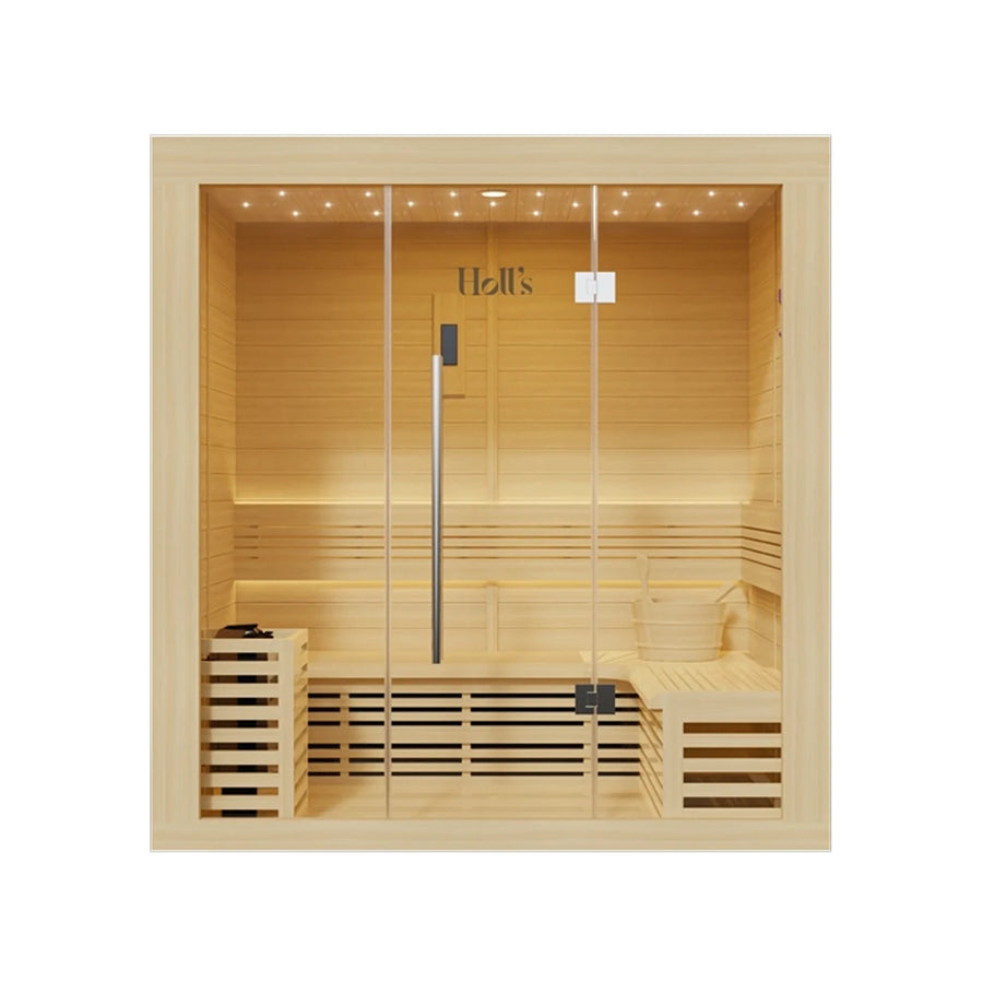 Holl's Utopia 4 indoor sauna, front view with full glass front and benches