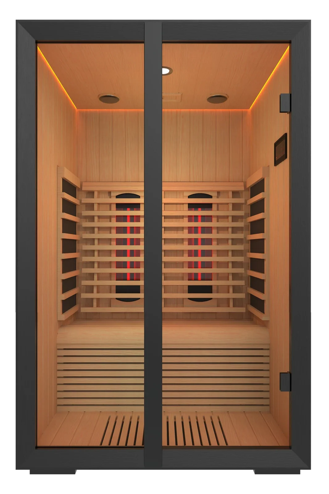 Harvia Onni Small infrared cabin in abachi with a black aluminium frame and full spectrum radiators visible through the glass