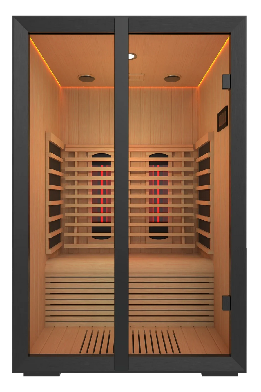 Harvia Onni Small infrared cabin in abachi with a black aluminium frame and full spectrum radiators visible through the glass