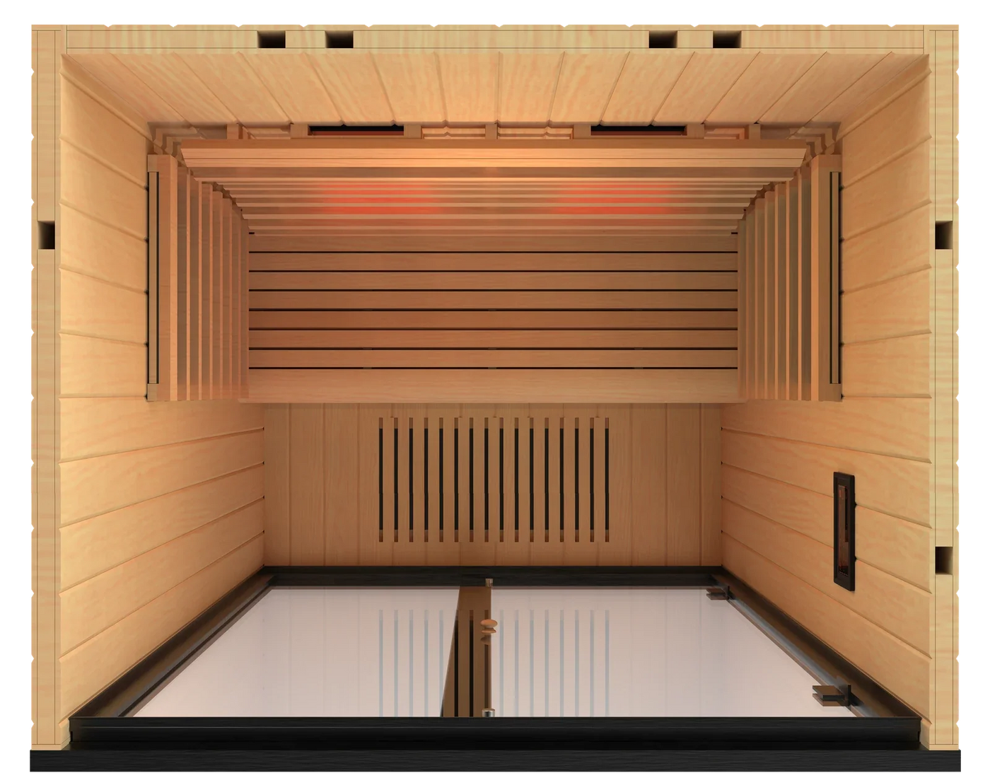 Inside the Onni Small, showing the two seats, the carbon heating plates and the slatted floor