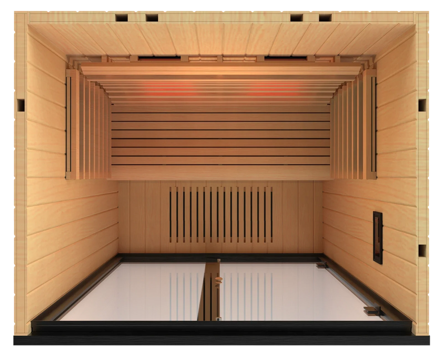 Inside the Onni Small, showing the two seats, the carbon heating plates and the slatted floor