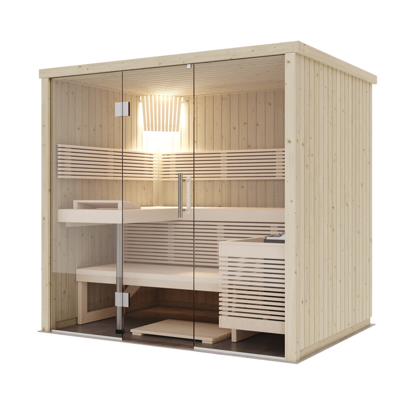 Harvia Panorama Small sauna cabin in spruce with a full glass front and lime wood benches