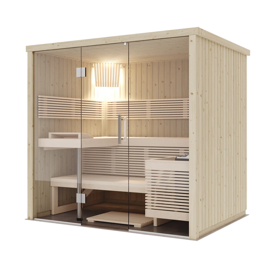 Harvia Panorama Small sauna cabin in spruce with a full glass front and lime wood benches