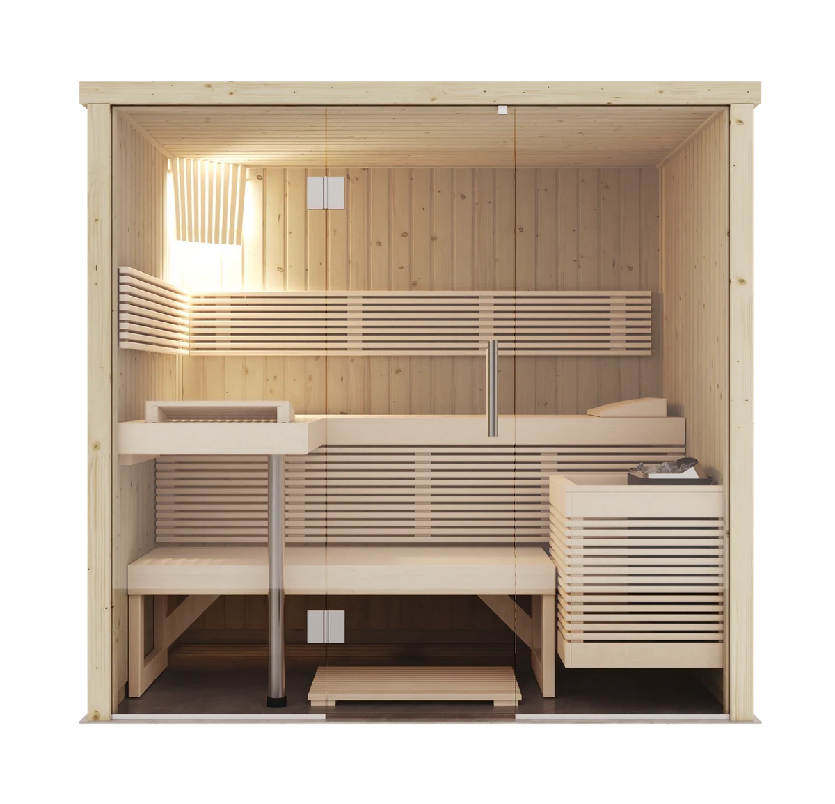 Inside the Panorama Small, showing two upper benches, one lower bench, backrests and the heater guard