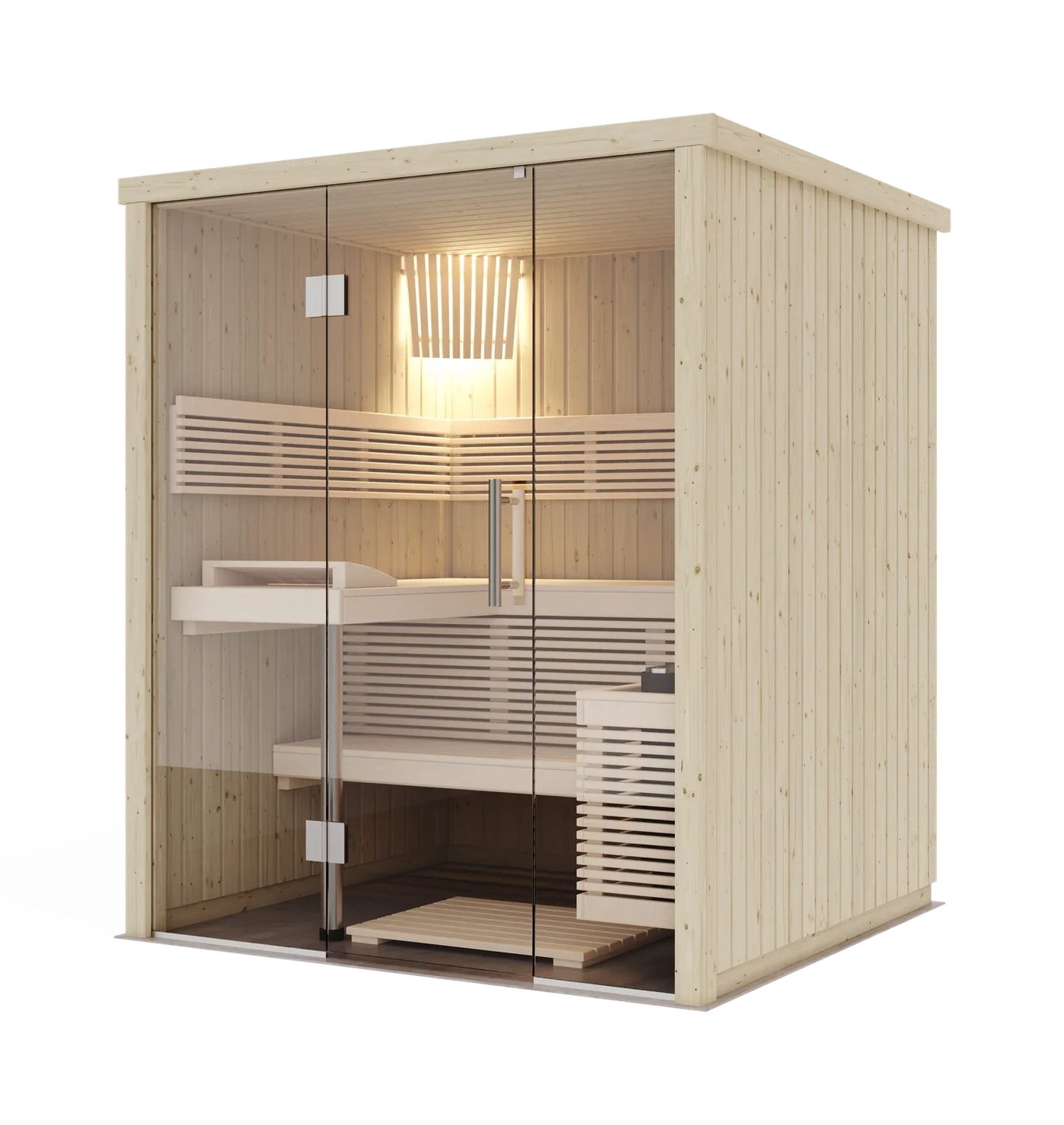 Harvia Panorama Mini, the 1.73m by 1.59m size, with its wall mounted Delta heater