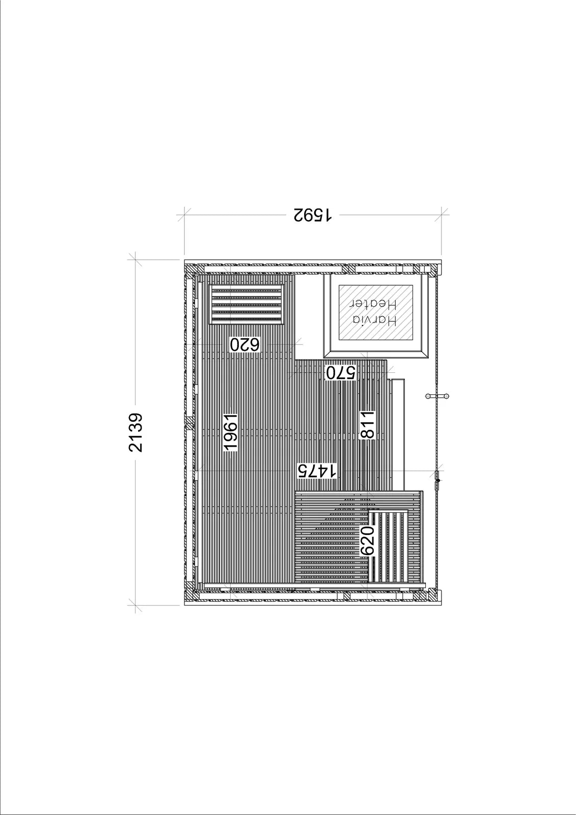 Dimensioned floor plan of the Panorama Small, 2139mm by 1642mm