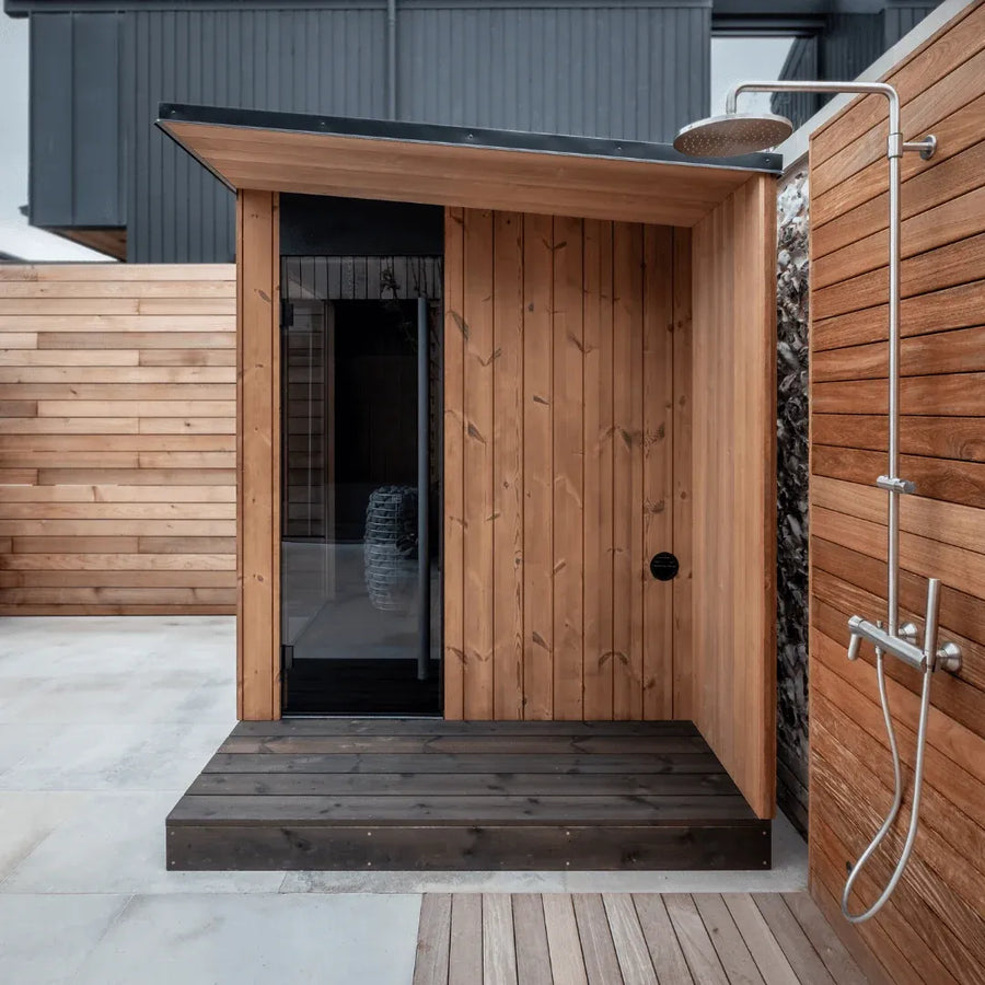 URSA outdoor sauna, front elevation on a deck