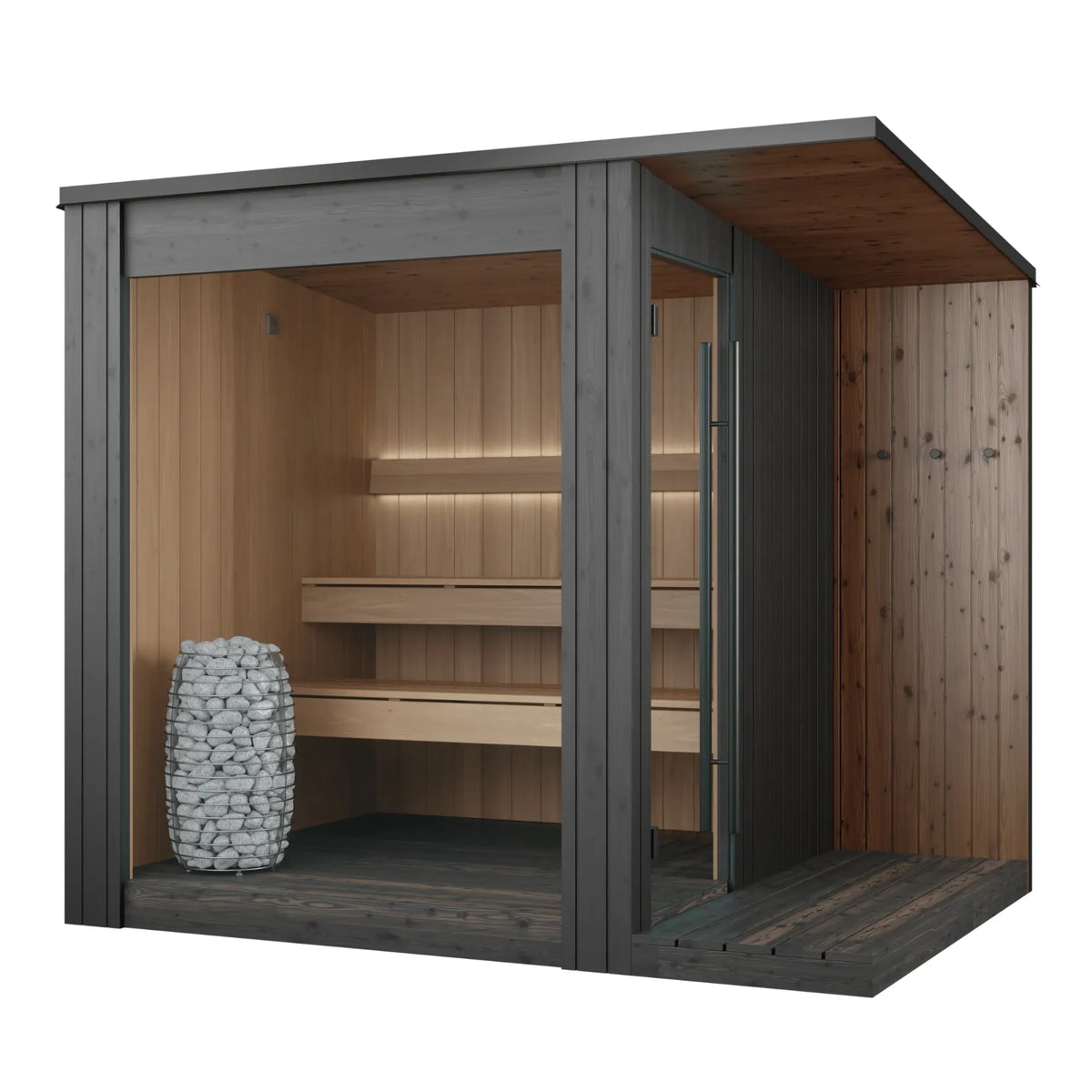URSA outdoor sauna in black, cutaway view