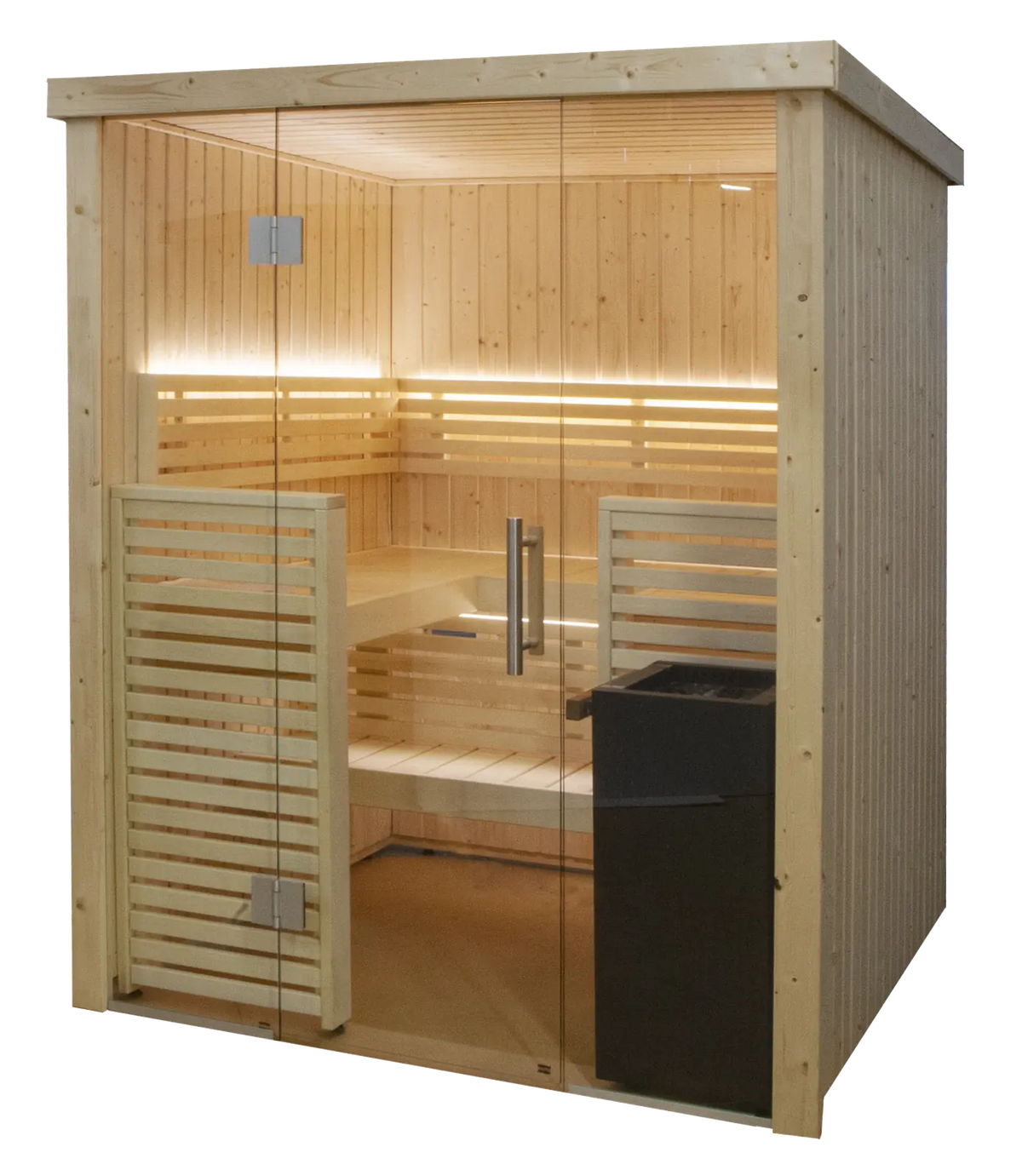 Harvia Variant View indoor sauna with a full glass front wall