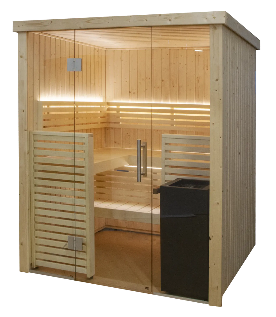 Harvia Variant View indoor sauna with a full glass front wall