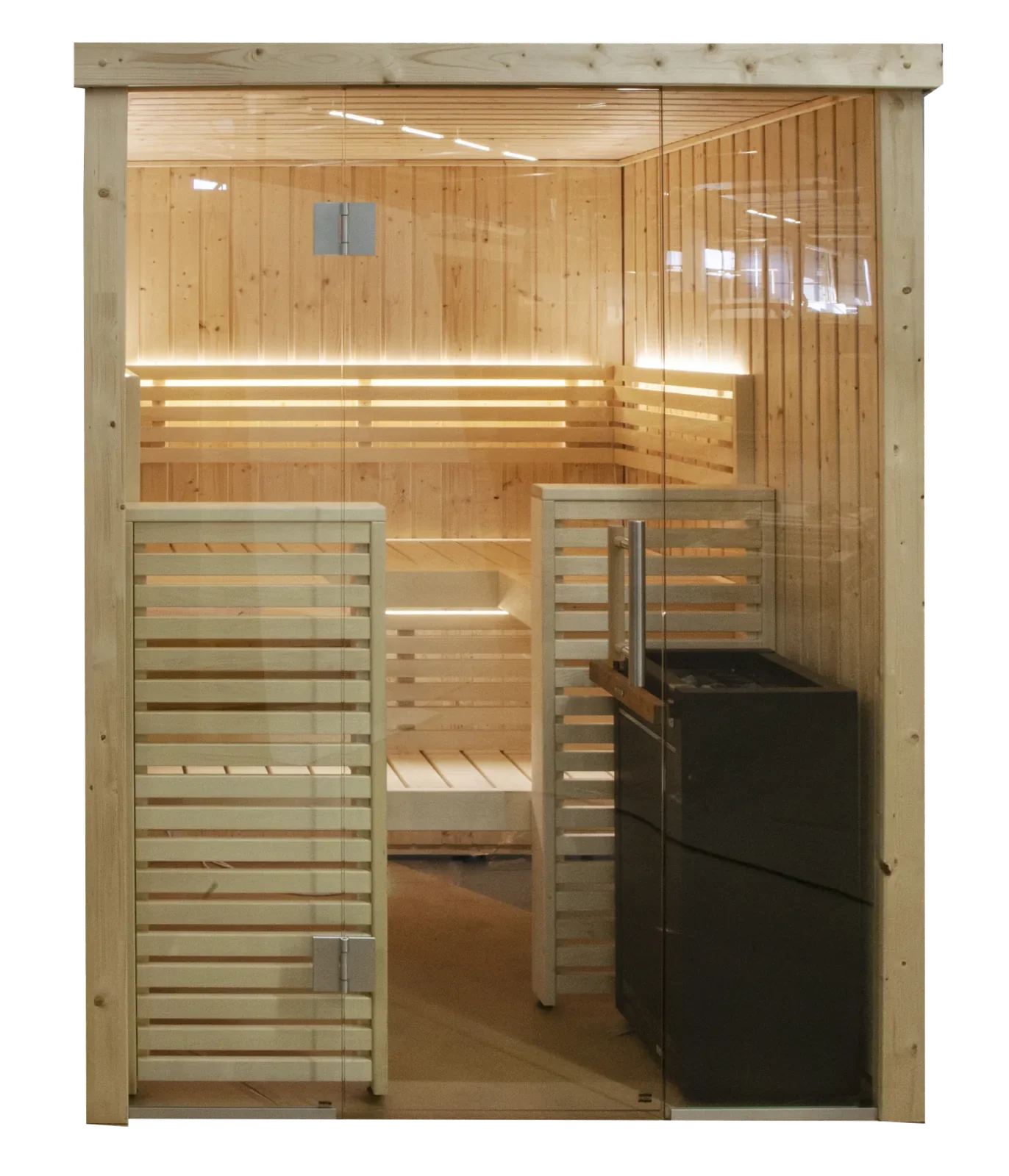 Variant View corner sauna installed against two walls of a room