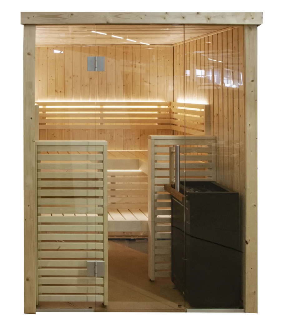 Variant View corner sauna installed against two walls of a room