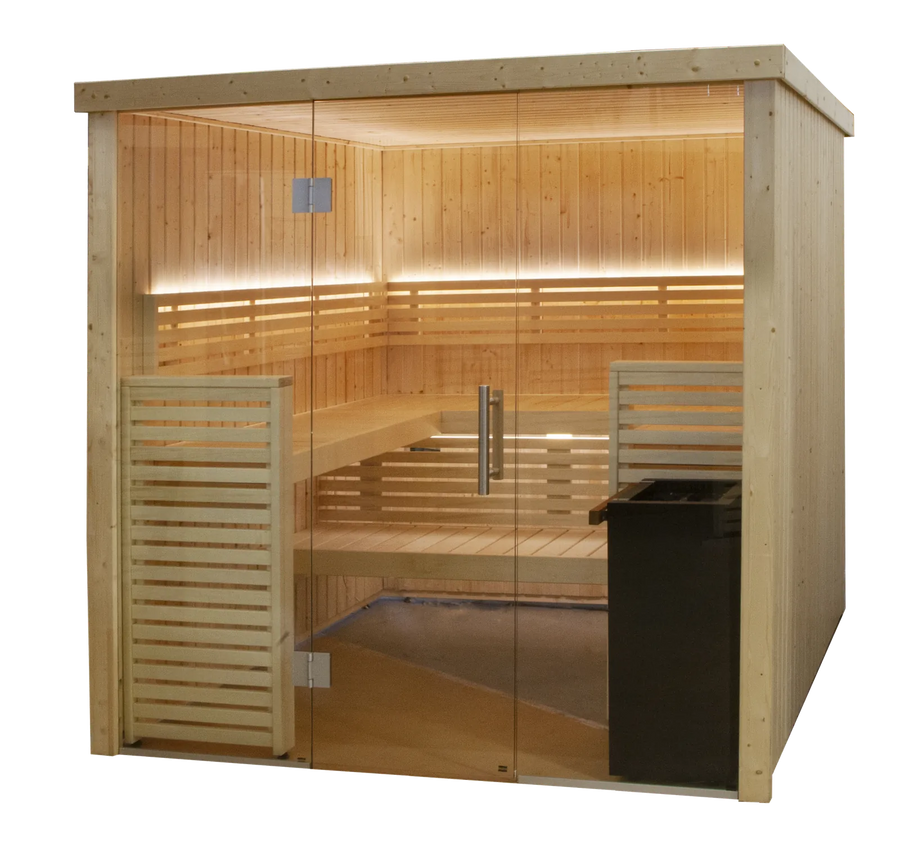 Variant View interior with aspen benches and a Harvia The Wall heater