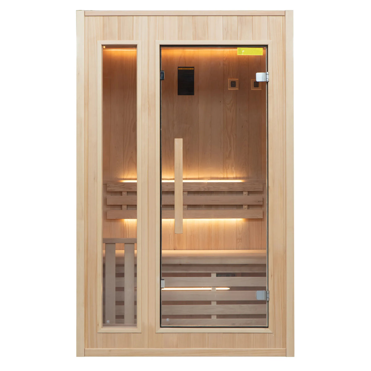 France Sauna Zen 2 indoor sauna in Canadian spruce, seen from the front with the glass door and glass panel, interior lit