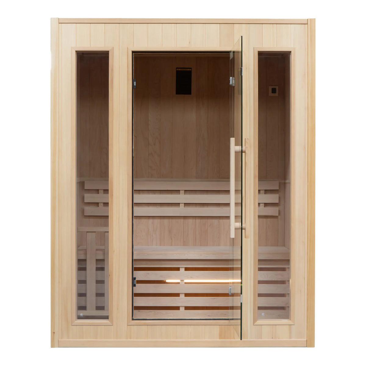 France Sauna Zen 3 indoor sauna in Canadian spruce, seen from the front with the glass door and glass panels either side, interior lit