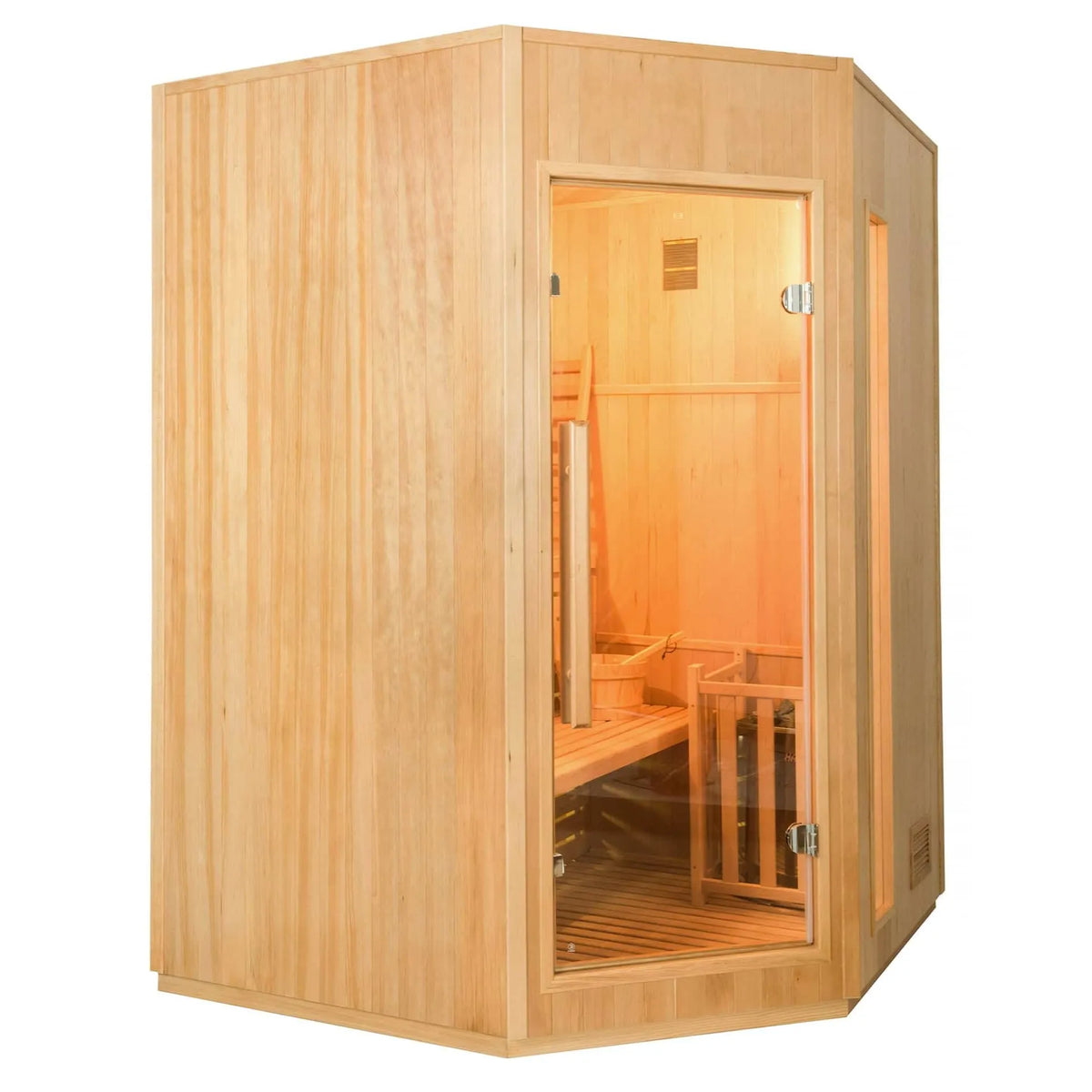France Sauna Zen 3C corner sauna in Canadian spruce, seen from the front with the angled glass front and framed door, interior lit