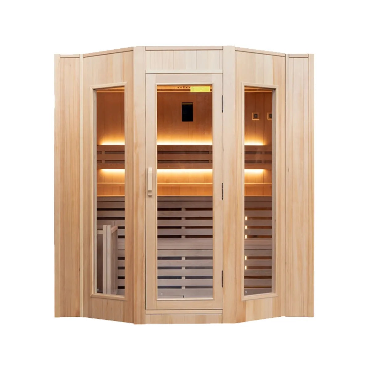 France Sauna Zen 4 indoor sauna in Canadian spruce, seen from the front with the framed glass door and glass panels either side, interior lit