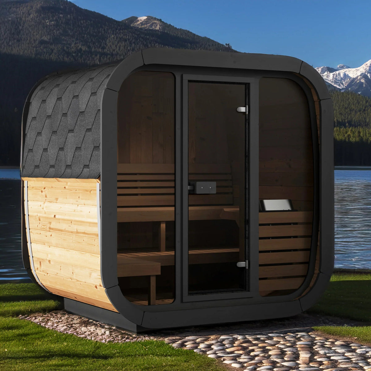 Nordic Retreat sited by open water, glass front facing the view